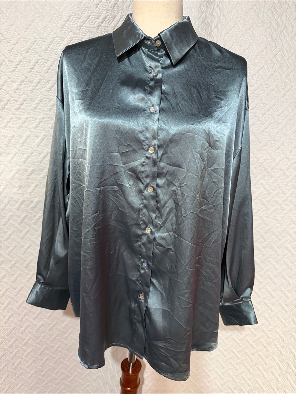 SHEIN Shiny Slate Blue Satin Button-Down Shirt